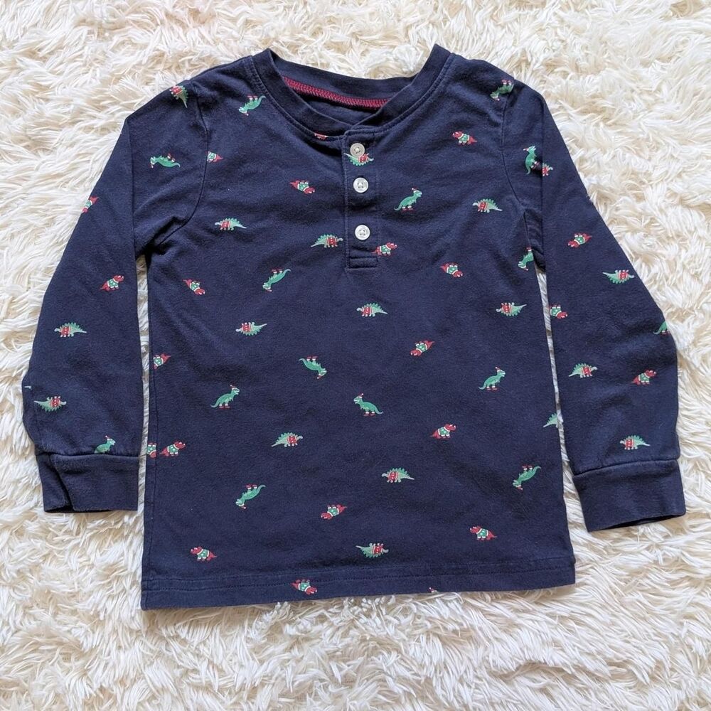 Carter's Boys Size 3T Navy Blue Christmas Dinosaur Stego T-Rex Henley Shirt